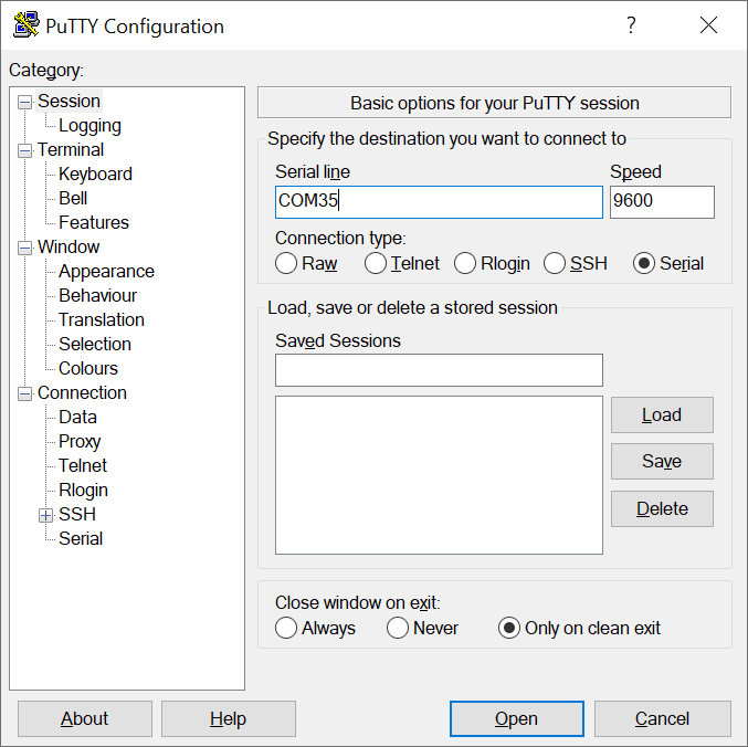 alt: "Using PuTTY to connect to a COM port", w:33