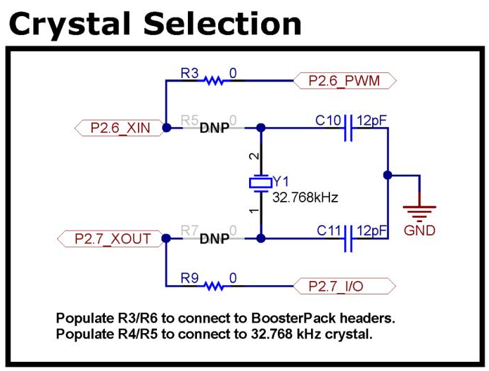alt: "Crystal Selection on the Launchpad", src: "Launchpad MSP-EXP430G2ET, page 25", w:45