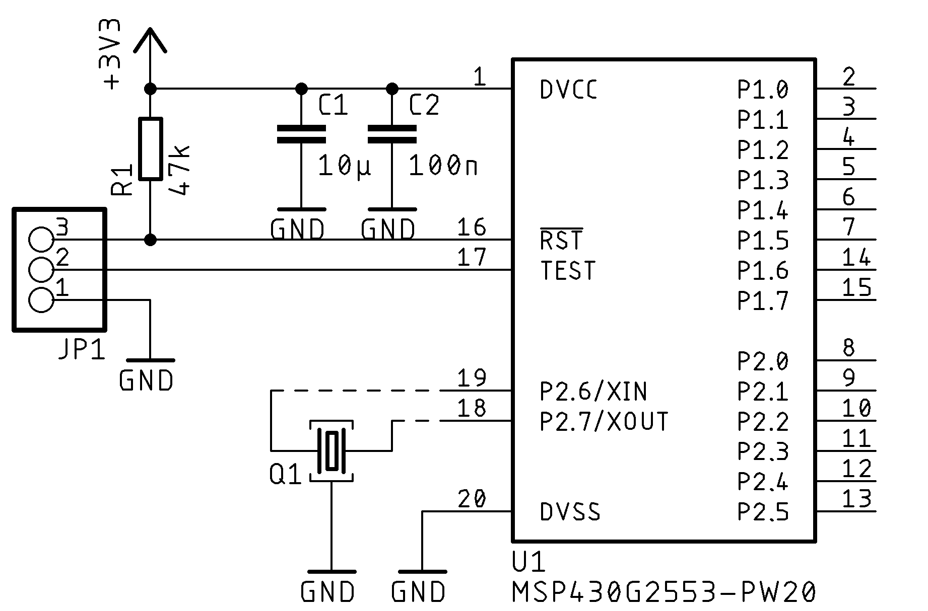 alt:"Minimaler Aufbau eines MSP430G2553", w:50